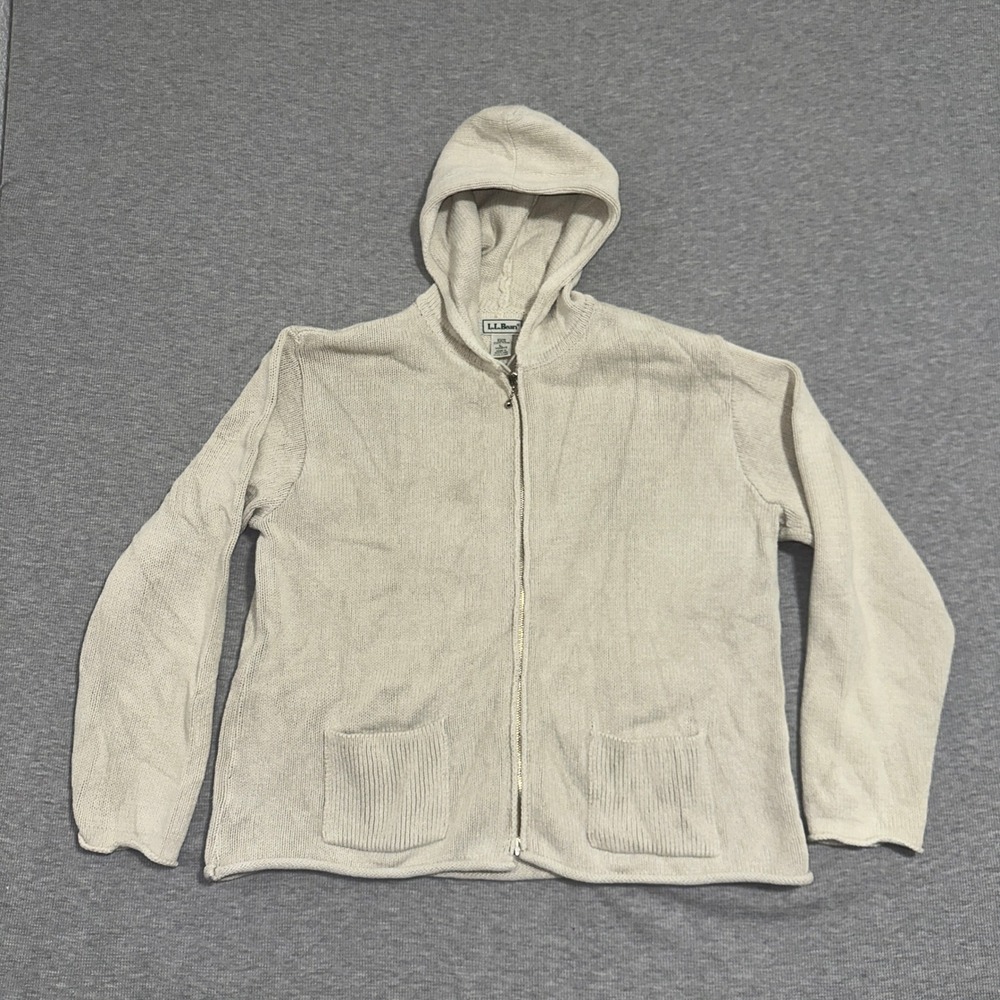 L.L Bean Cotton Full Zip Hooded Cardigan Sweater Scotland Cream Womens Large